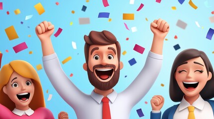 Cheerful group celebrating with raised hands, colorful confetti against a bright blue background.