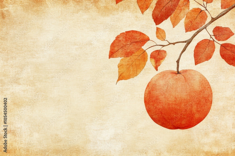 Poster vintage style illustration of a single red apple on a beige background with delicate leaves capturin