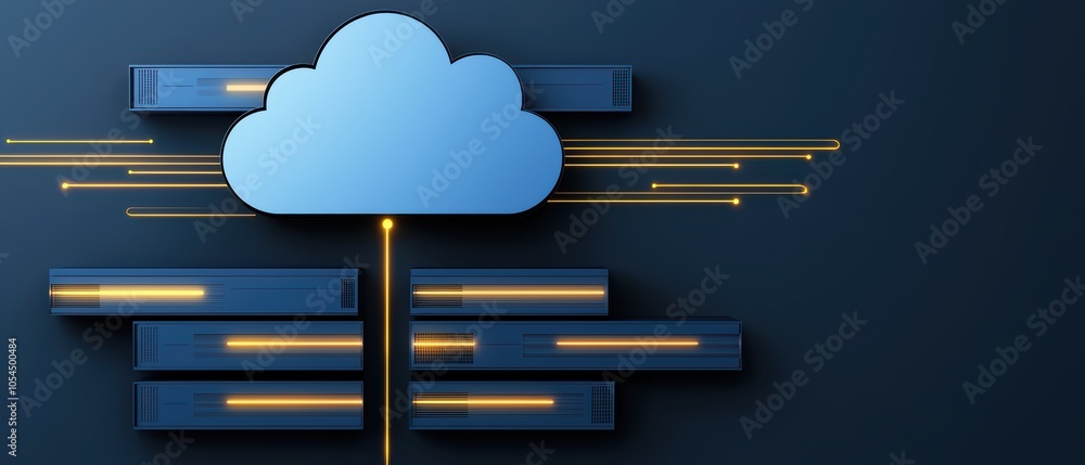 Poster cloud computing concept with blue cloud and data transfer lines on dark background.