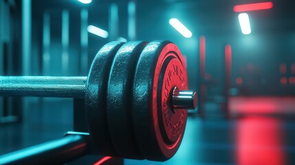 Fototapeta premium Close-up of a heavy dumbbell on a gym floor with dynamic lighting for an energizing workout atmosphere.