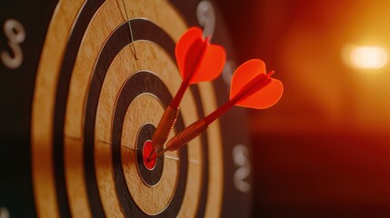 Close-up of darts hitting the bullseye on a dartboard with warm lighting.