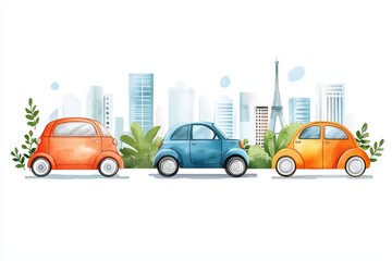 Colorful cars parked with a city skyline and greenery, ideal for transport-themed visuals.