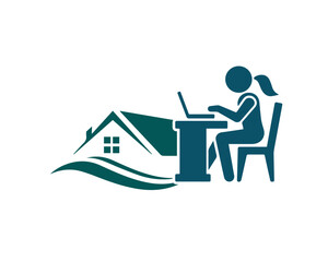 women working with computer and home logo design.