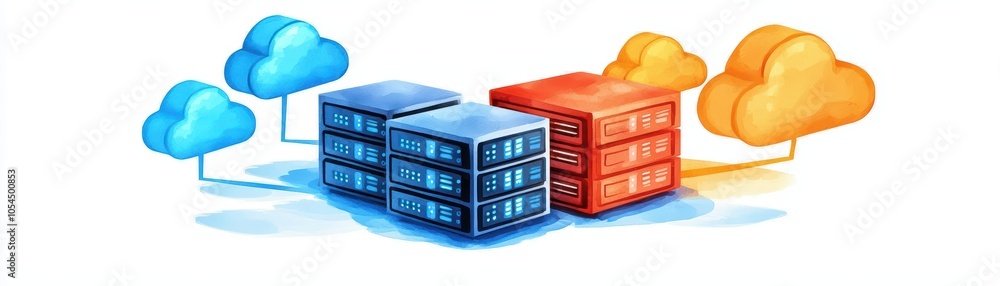 Poster colorful cloud computing illustration with data servers and stylized clouds on white background.