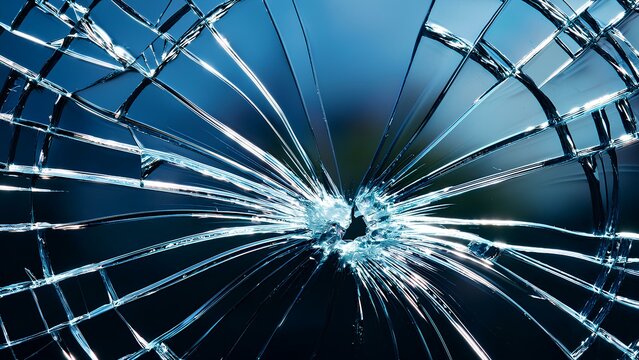 Shot through glass, bullet hole. Broken mirror close-up.