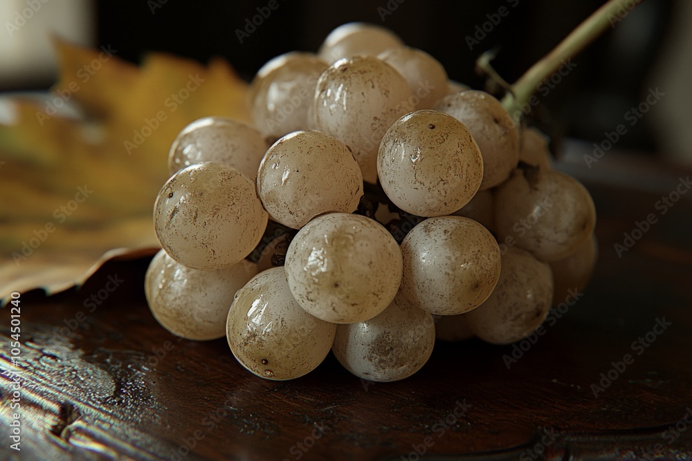 Poster close up of golden grapes with a soft focus on a rustic wooden table symbolizing the simplicity and 