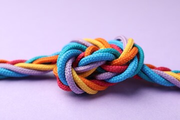 Colorful ropes tied in knot on lilac background, closeup. Unity concept