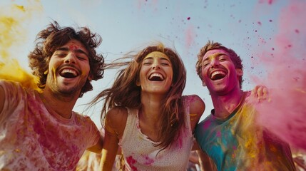 Fototapeta premium Group of friends laughing and playing with colored powders during Holi, captured in mid-action, colors flying everywhere