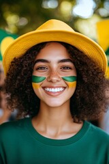 Happy young girl football fan celebrating her team victory. Latino woman with Brazil flag laughing and smiling. Celebration of Independence Day, Labor Day, Proclamation of the Republic