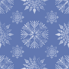 Hand drawn, blue snowflakes, watercolour, blue background. Seamless floral pattern-464.