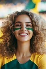 Happy young girl football fan celebrating her team victory. Latino woman with Brazil flag laughing and smiling. Celebration of Independence Day, Labor Day, Proclamation of the Republic