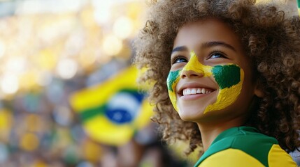 Happy young girl football fan celebrating her team victory. Latino woman with Brazil flag laughing and smiling. Celebration of Independence Day, Labor Day, Proclamation of the Republic