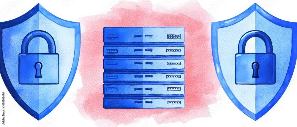 Poster digital security concept with shields and server, blue color palette, isolated on light background.