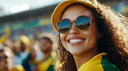 Happy young girl football fan celebrating her team victory. Latino woman with Brazil flag laughing and smiling. Celebration of Independence Day, Labor Day, Proclamation of the Republic