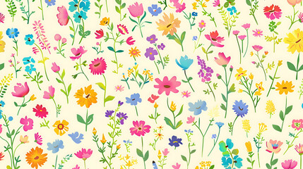 A light cream canvas featuring flat design illustrations of vibrant blooming flowers, arranged in a symmetrical pattern with a variety of colors, creating a cheerful and lively background