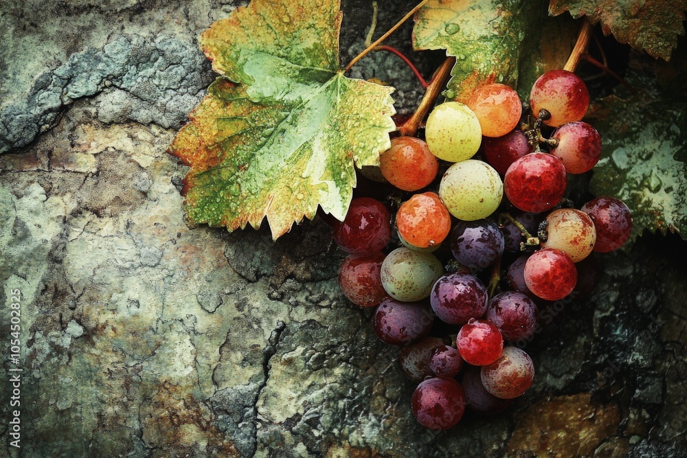 Poster close up of a multicolored grape cluster against a natural textured background showcasing the vibran
