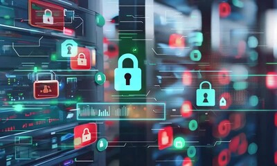 A digital representation of secure data storage with padlock icons, symbolizing cybersecurity.