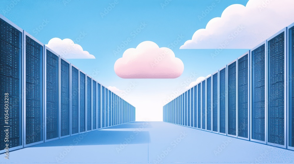 Poster futuristic data center concept with rows of servers under a cloudy sky, representing cloud technolog
