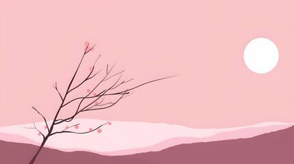 A minimalist anime-style background with a soft pink sky and a single sakura branch in the middle, delicate shadows creating a gentle and peaceful atmosphere