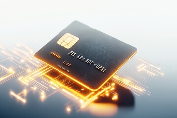 Futuristic credit card on digital circuit background, symbolizing advanced payment technology.