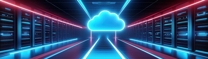 Futuristic data center with glowing servers and a bright cloud symbol in a neon environment