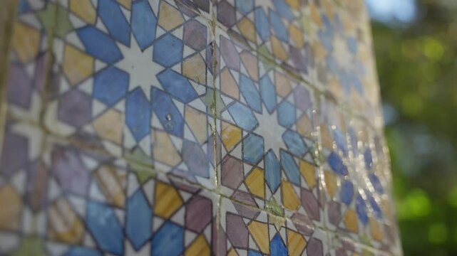 Close up on traditional Portuguese azulejos tiles hand painted and used on wall. Special and unique pattern. Old and typical in Portuguese structures and buildings. Sintra town with luxurious palaces