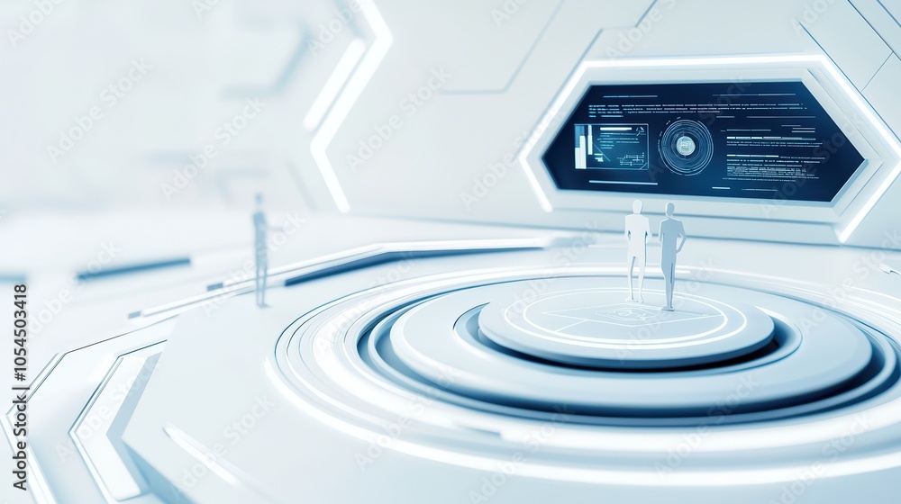 Poster futuristic interface with holographic elements and digital display in a sleek design.
