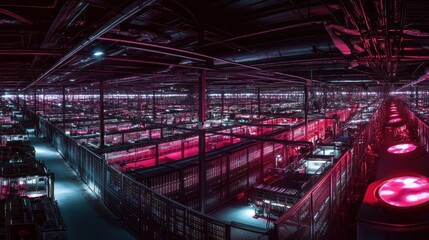 A vast, illuminated data center filled with rows of servers and cooling systems.