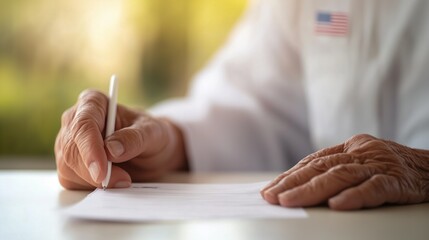 Elderly person completing a ballot in preparation for elections under natural lighting, American flag badge