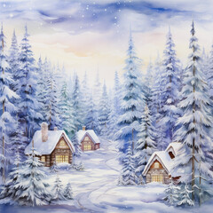 Fototapeta premium Watercolor Winter Forest with Snowfall – Scenic Snowy Woodland Landscape Illustration