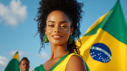 Happy young girl football fan celebrating her team victory. Latino woman with Brazil flag laughing and smiling. Celebration of Independence Day, Labor Day, Proclamation of the Republic