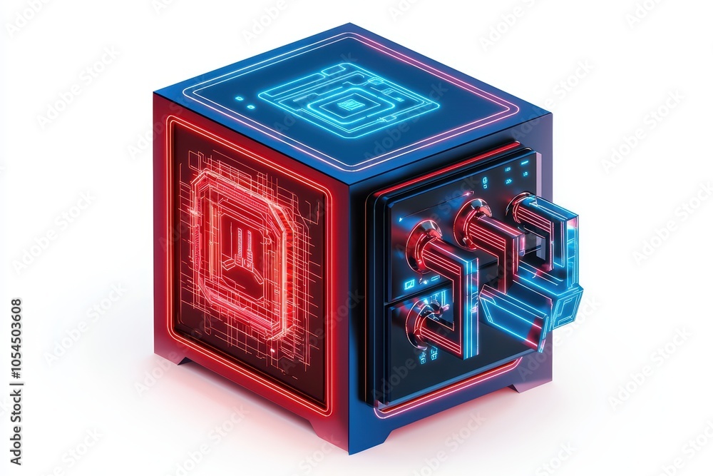 Aufkleber futuristic technology cube with glowing neon lights and circuit patterns, isolated on a white backgr