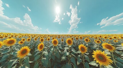 Fototapeta premium A vast field of sunflowers stretches out under a bright blue sky, with the sun shining overhead.