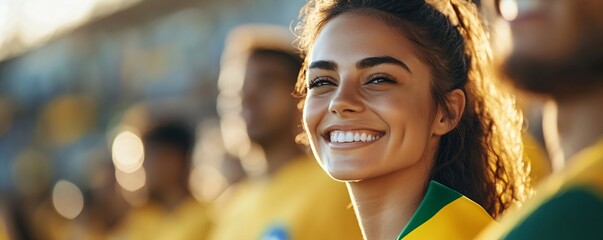 Happy young girl football fan celebrating her team victory. Latino woman with Brazil flag laughing and smiling. Celebration of Independence Day, Labor Day, Proclamation of the Republic