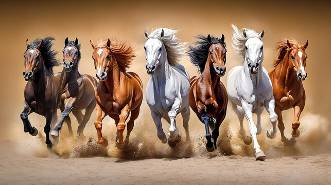 Wild Horse Run: A breathtaking image of seven majestic horses galloping across a dusty landscape, their manes and tails flowing in the wind. A powerful symbol of freedom and untamed beauty.
