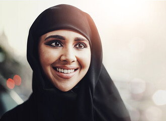 Happy, face and muslim woman outdoor with bokeh, mockup and joy for spiritual adventure on light background. Islamic, travel and Mecca for Hajj, Ramadan Kareem and Eid celebration in holy city