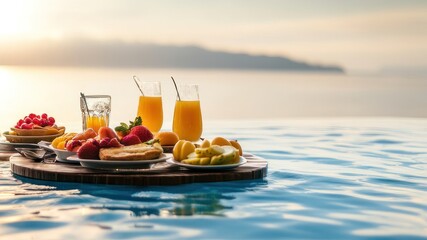 A serene breakfast spread by a pool at sunrise, featuring fruits and drinks.