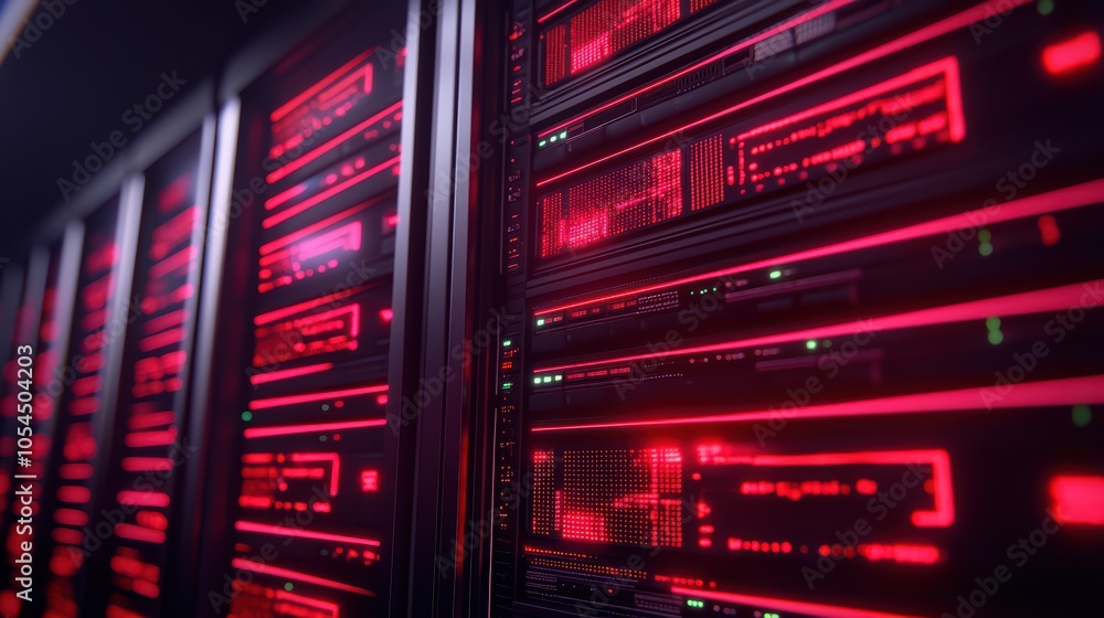 Poster high-tech server rack with illuminated red lights in a modern data center.