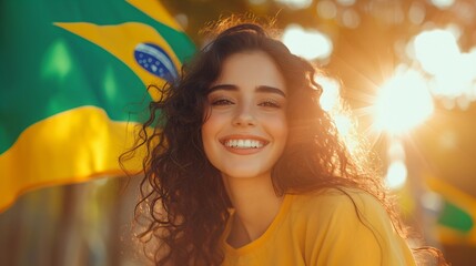 Happy young girl football fan celebrating her team victory. Latino woman with Brazil flag laughing and smiling. Celebration of Independence Day, Labor Day, Proclamation of the Republic