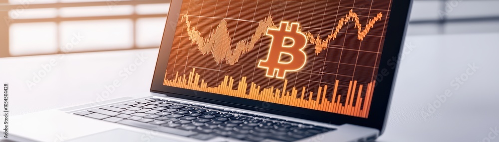 Poster laptop displaying cryptocurrency graph with bitcoin symbol on screen, modern office setting.