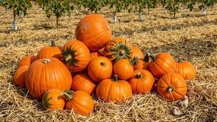 Vibrant orange pumpkins on straw with rows of plants in the background