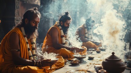 Group of Indian holy men performing a ritual at a temple, with incense smoke and sacred chants filling the air