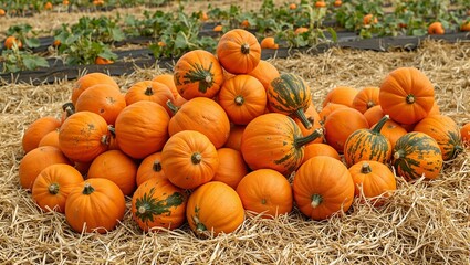 Vibrant orange pumpkins on straw with rows of plants in the background