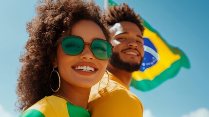Happy couple of football fans celebrating his team victory. Latino guy with Brazil flag laughing and smiling. Celebration of Independence Day, Labor Day, Proclamation of the Republic