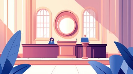 Modern office reception area with a desk, stylish decor, and plants, designed for welcoming visitors.