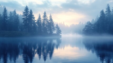 Fototapeta premium A serene and misty sunrise over a tranquil lake, with tall pine trees lining the shore and their reflections mirrored in the still water.