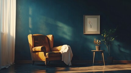 Cozy modern living room interior with leather armchair and decoration room on empty dark blue wall background.3d rendering