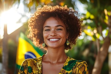 Happy young girl football fan celebrating her team victory. Latino woman with Brazil flag laughing and smiling. Celebration of Independence Day, Labor Day, Proclamation of the Republic