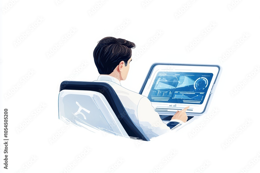 Poster professional working on a futuristic computer interface, engaged in digital analysis and data manage