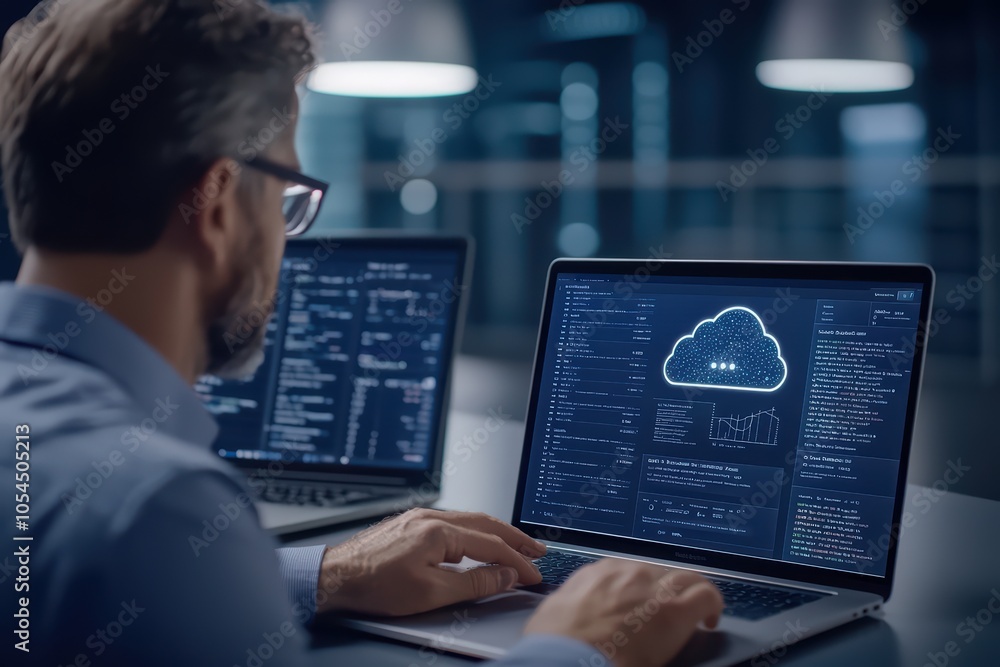 Poster professional working on cloud computing solutions with dual laptops in a modern office environment.